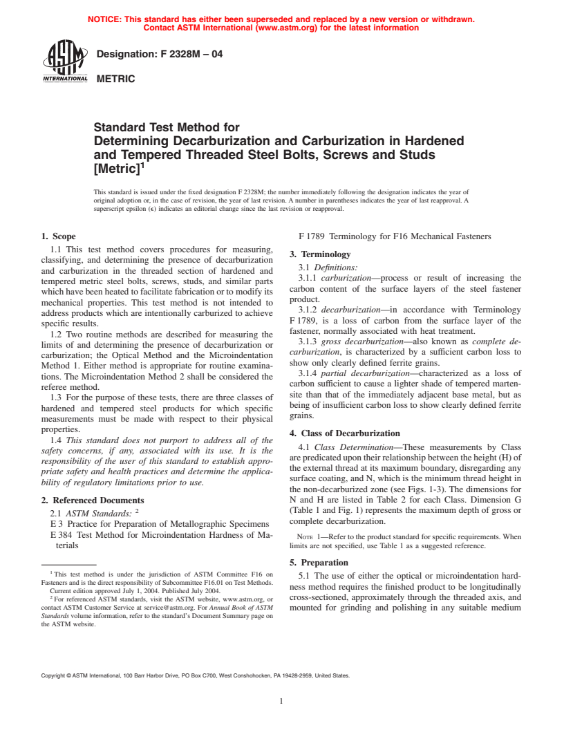 ASTM F2328M-04 - Standard Test Method for Determining Decarburization and Carburization in Hardened and Tempered Threaded Steel Bolts, Screws and Studs [Metric]