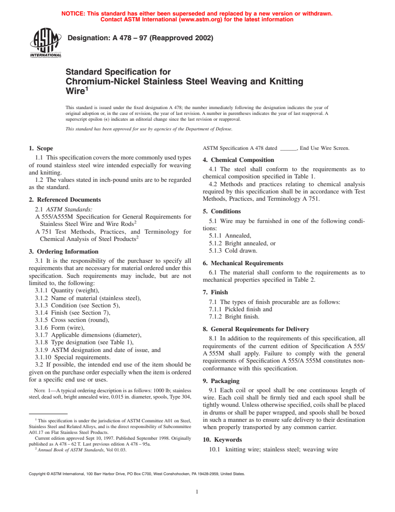 ASTM A478-97(2002) - Standard Specification for Chromium-Nickel Stainless Steel Weaving and Knitting Wire