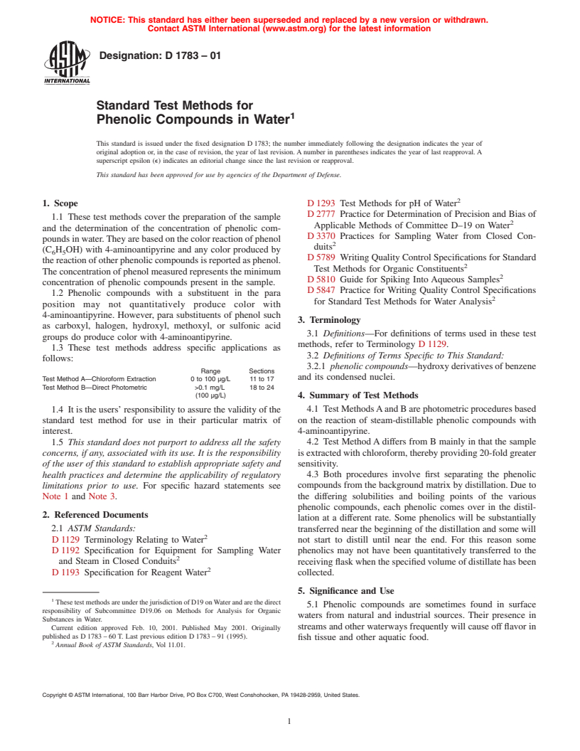 ASTM D1783-01 - Standard Test Methods for Phenolic Compounds in Water