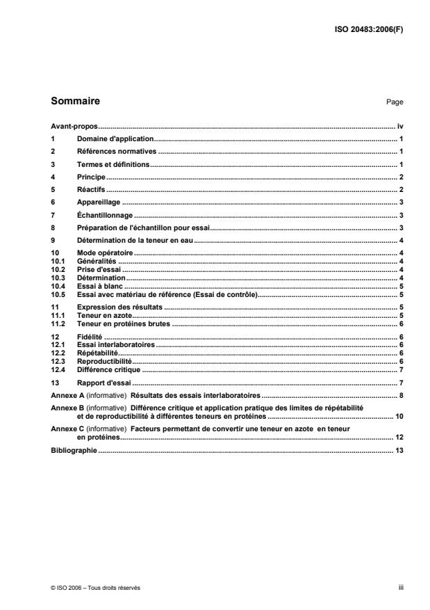 ISO 20483:2006 - Céréales et légumineuses -- Détermination de la teneur en azote et calcul de la teneur en protéines brutes -- Méthode de Kjeldahl