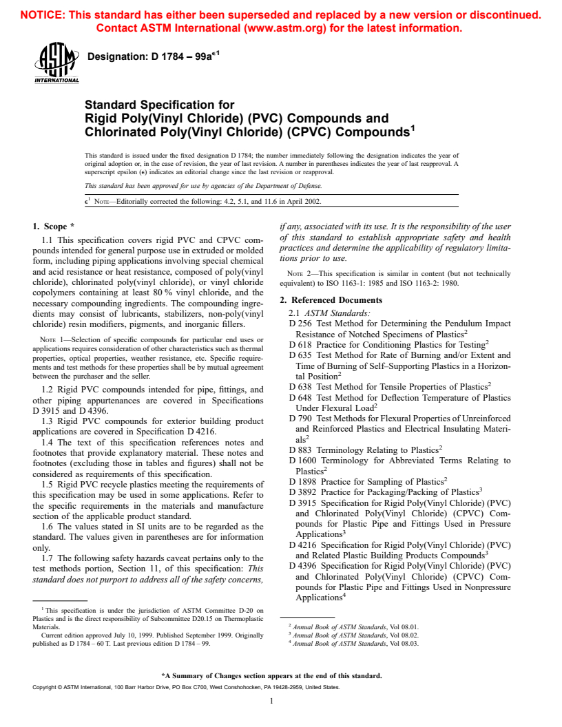 ASTM D1784-99ae1 - Standard Specification for Rigid Poly(Vinyl Chloride) (PVC) Compounds and Chlorinated Poly(Vinyl Chloride) (CPVC) Compounds