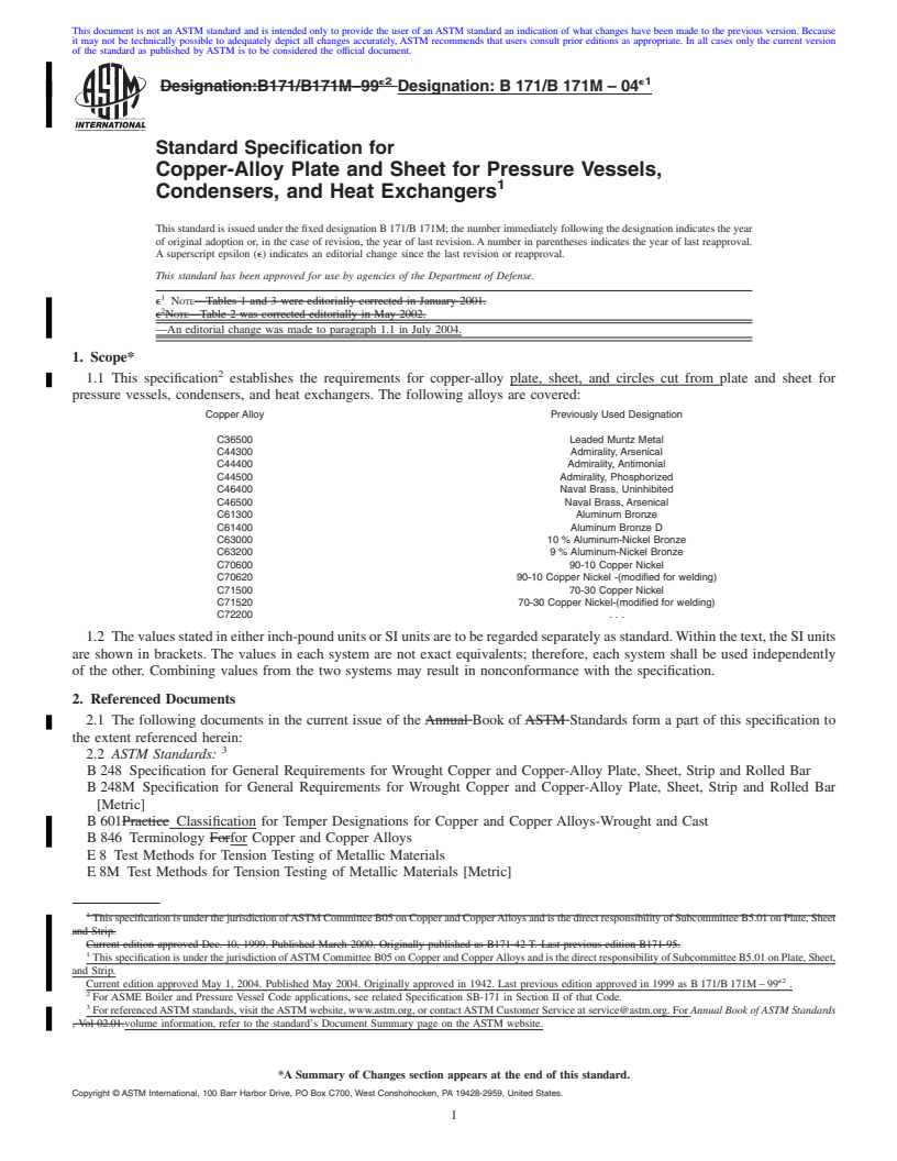 REDLINE ASTM B171/B171M-04e1 - Standard Specification for Copper-Alloy Plate and Sheet for Pressure Vessels, Condensers, and Heat Exchangers