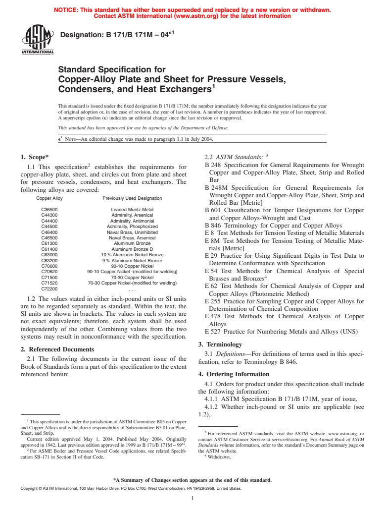 ASTM B171/B171M-04e1 - Standard Specification for Copper-Alloy Plate and Sheet for Pressure Vessels, Condensers, and Heat Exchangers