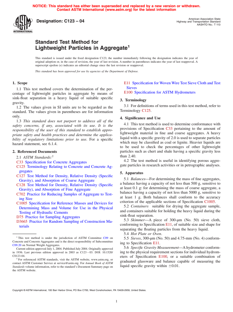 ASTM C123-04 - Standard Test Method for Lightweight Particles in Aggregate