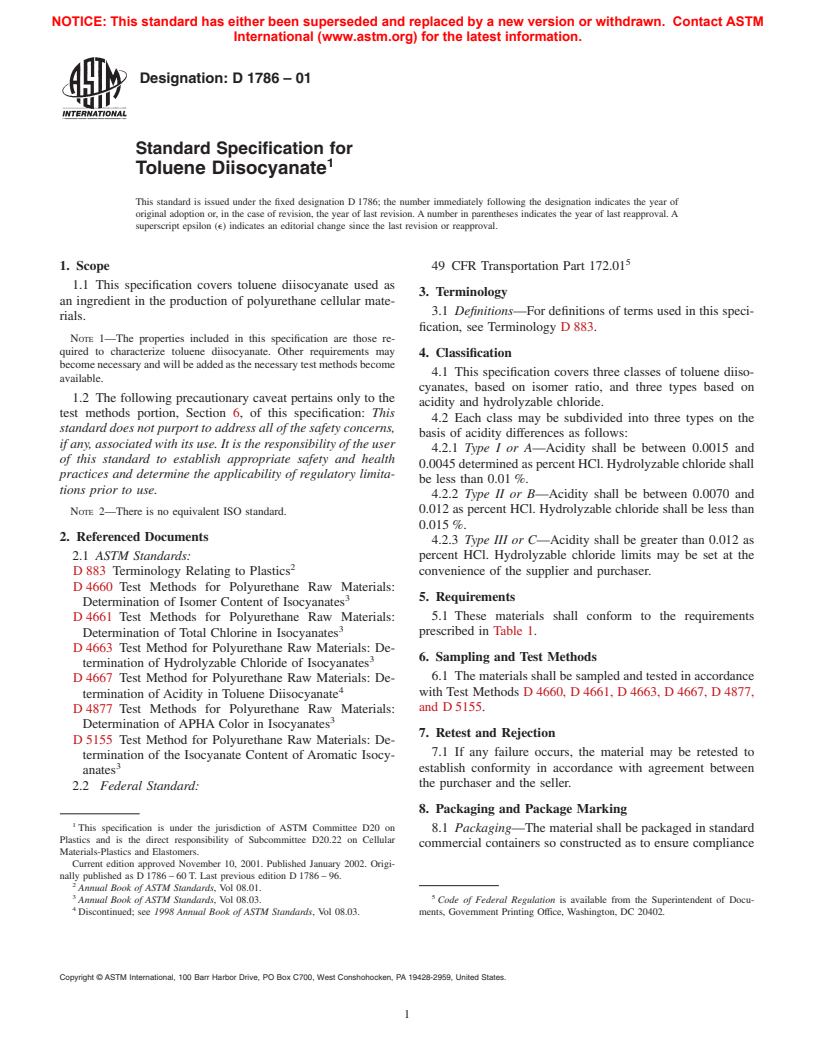 ASTM D1786-01 - Standard Specification for Toluene Diisocyanate