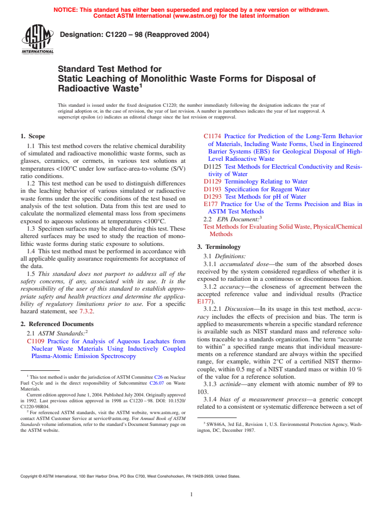 ASTM C1220-98(2004) - Standard Test Method for Static Leaching of Monolithic Waste Forms for Disposal of Radioactive Waste