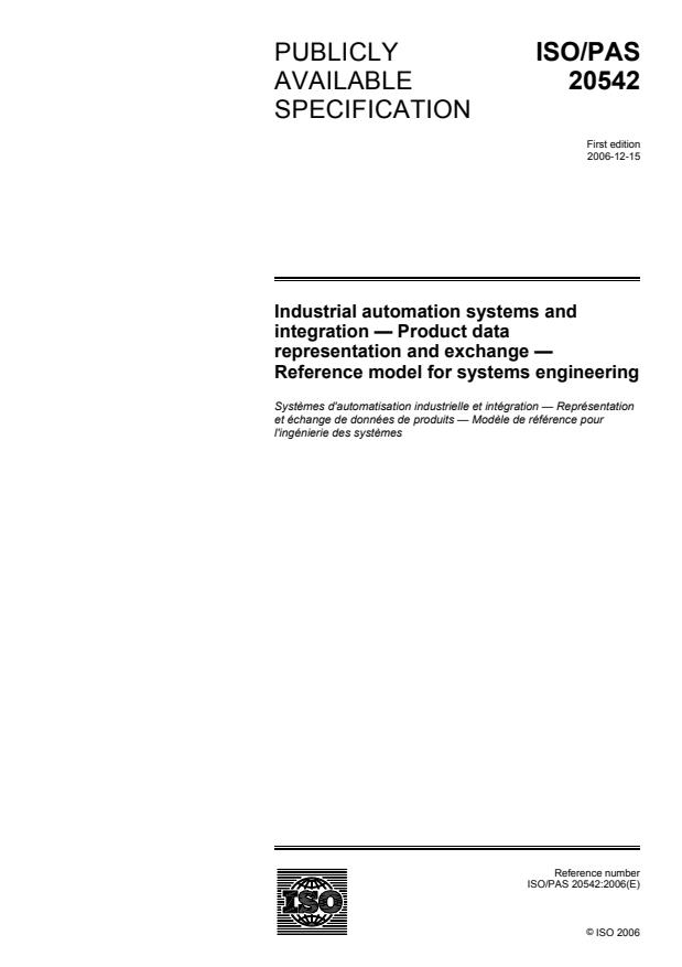 ISO/PAS 20542:2006 - Industrial automation systems and integration -- Product data representation and exchange -- Reference model for systems engineering