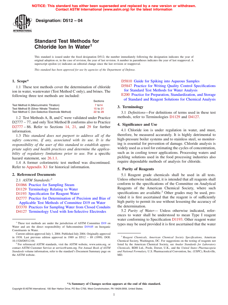 ASTM D512-04 - Standard Test Methods for Chloride Ion In Water