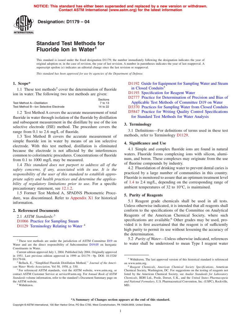 ASTM D1179-04 - Standard Test Methods for Fluoride Ion in Water