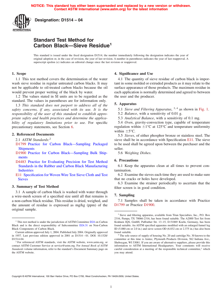 ASTM D1514-04 - Standard Test Method for Carbon Black&#8212;Sieve Residue