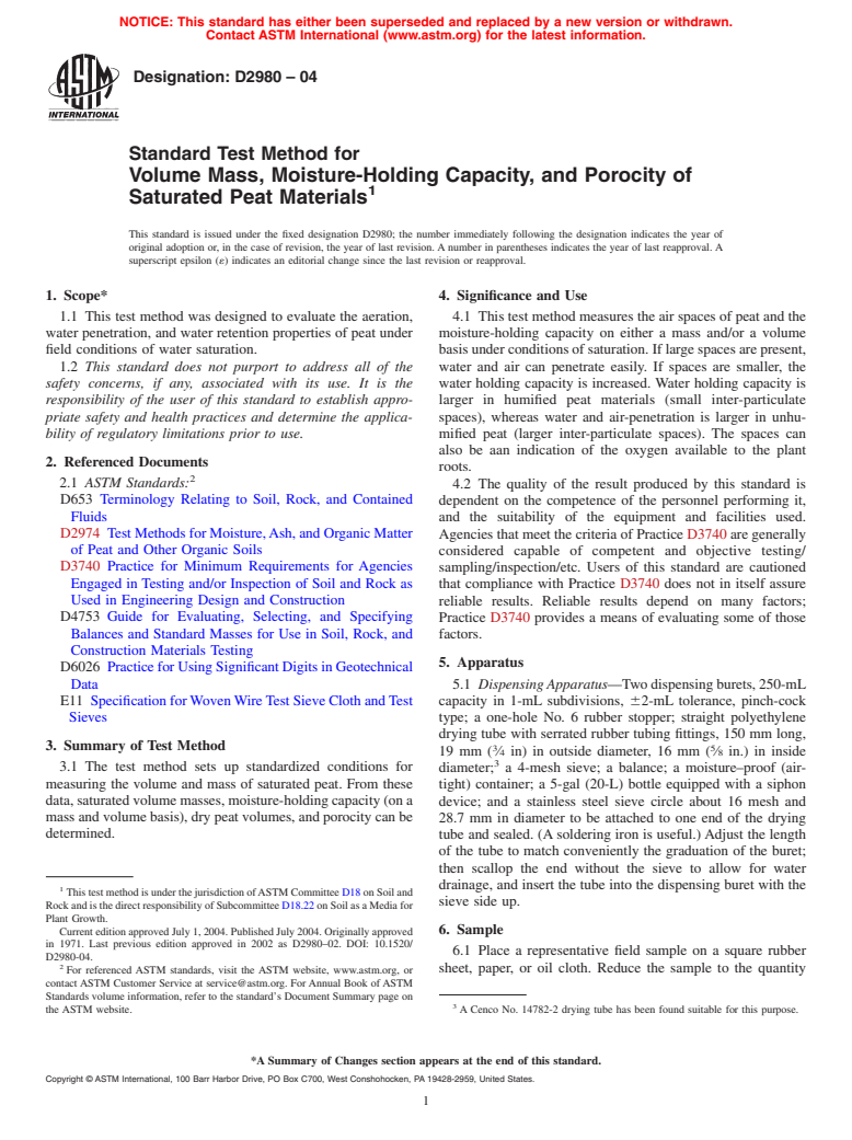 ASTM D2980-04 - Standard Test Method for Volume Weights, Water-Holding Capacity, and Air Capacity of Water-Saturated Peat Materials