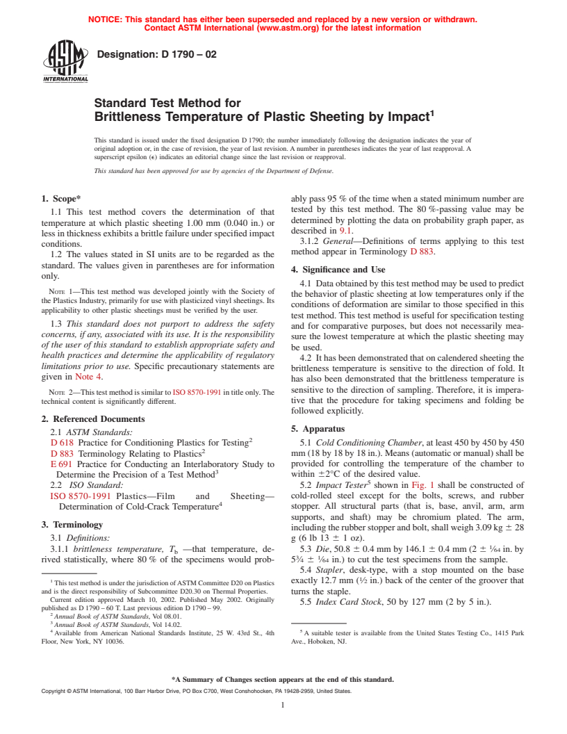 ASTM D1790-02 - Standard Test Method for Brittleness Temperature of Plastic Sheeting by Impact