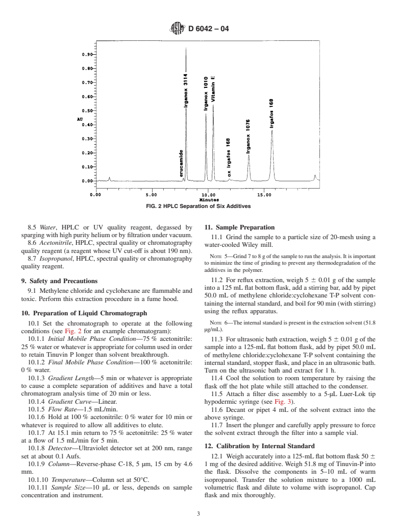 ASTM D6042-04 - Standard Test Method for Determination of Phenolic Antioxidants and Erucamide Slip Additives in Polypropylene Homopolymer Formulations Using Liquid Chromatography (LC)