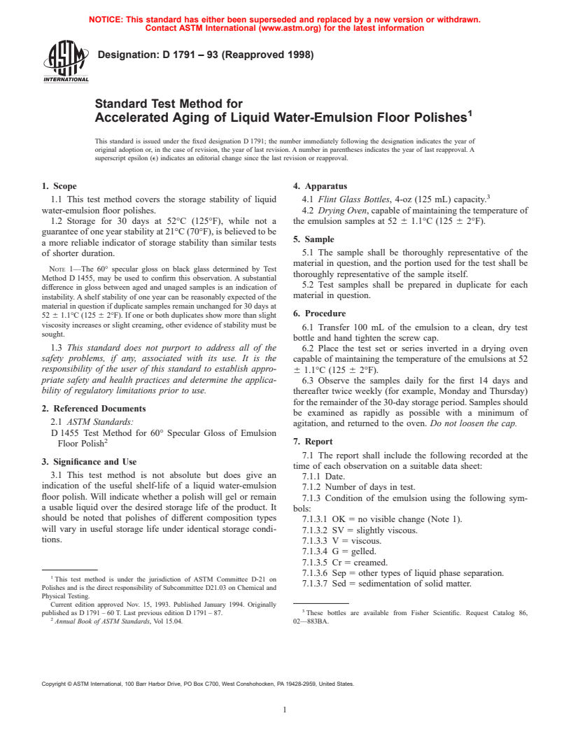 ASTM D1791-93(1998) - Standard Test Method for Accelerated Aging of Liquid Water-Emulsion Floor Polishes