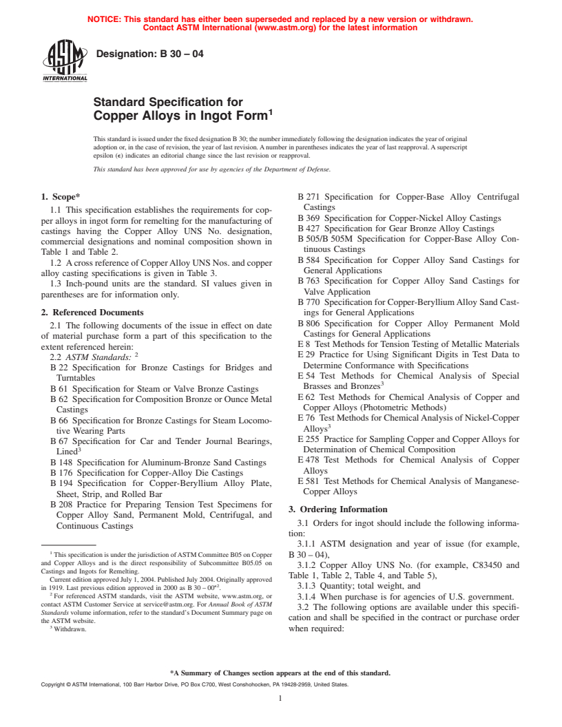 ASTM B30-04 - Standard Specification for Copper Alloys in Ingot Form