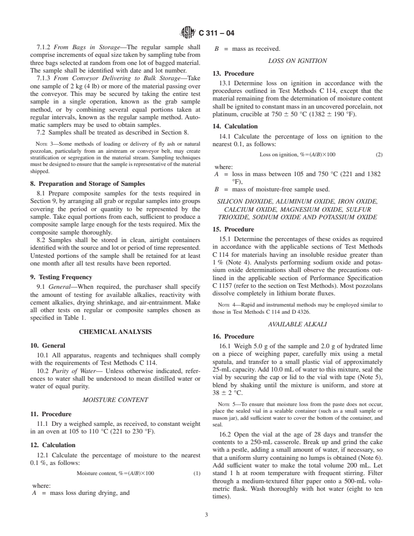 ASTM C311-04 - Standard Test Methods for Sampling and Testing Fly Ash or Natural Pozzolans for Use in Portland-Cement Concrete