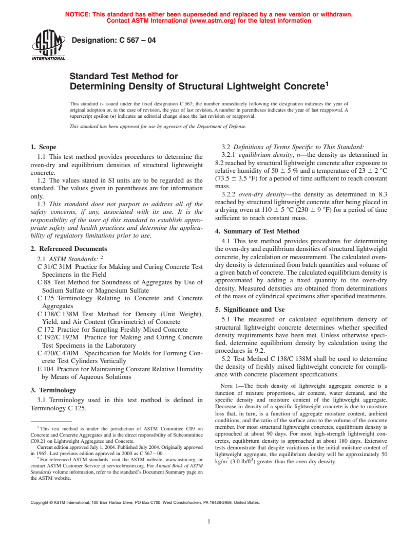 ASTM C567-04 - Standard Test Method for Determining Density of Structural Lightweight Concrete