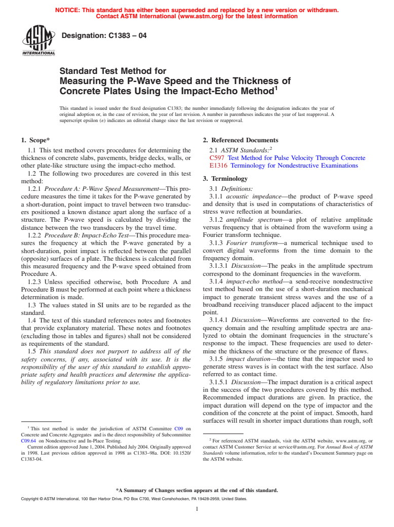 ASTM C1383-04 - Standard Test Method for Measuring the P-Wave Speed and the Thickness of Concrete Plates Using the Impact-Echo Method