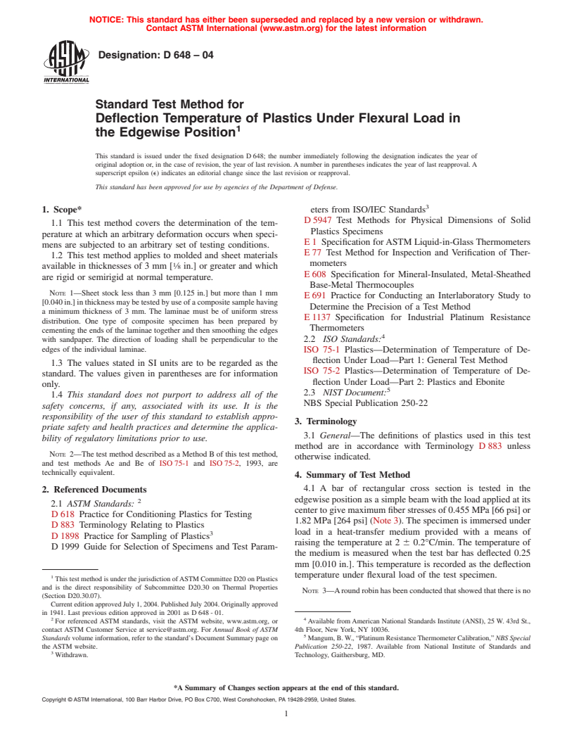 ASTM D648-04 - Standard Test Method for Deflection Temperature of Plastics Under Flexural Load in the Edgewise Position