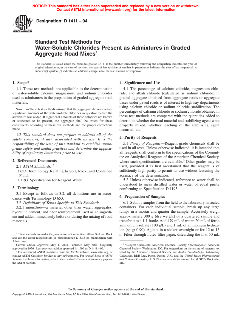 ASTM D1411-04 - Standard Test Methods for Water-Soluble Chlorides Present as Admixtures in Graded Aggregate Road Mixes