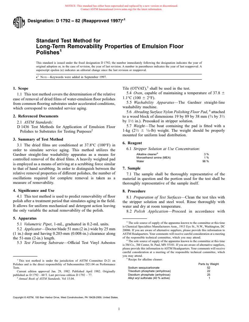 ASTM D1792-82(1997)e1 - Standard Test Method for Long-Term Removability Properties of Emulsion Floor Polishes