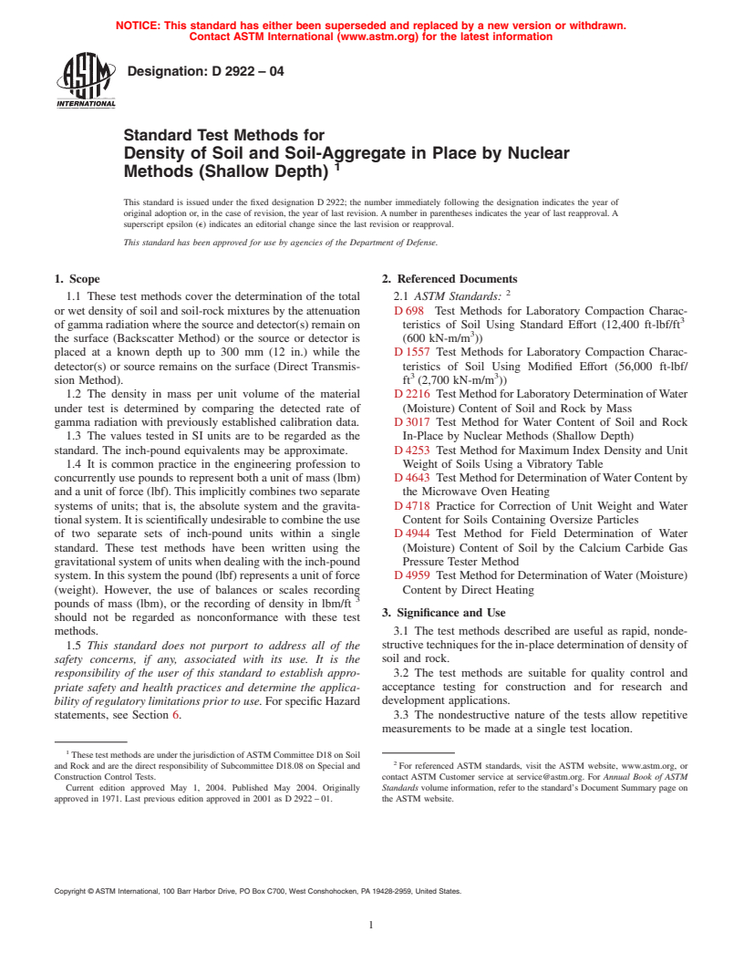 ASTM D2922-04 - Standard Test Methods for Density of Soil and Soil-Aggregate in Place by Nuclear Methods (Shallow Depth)