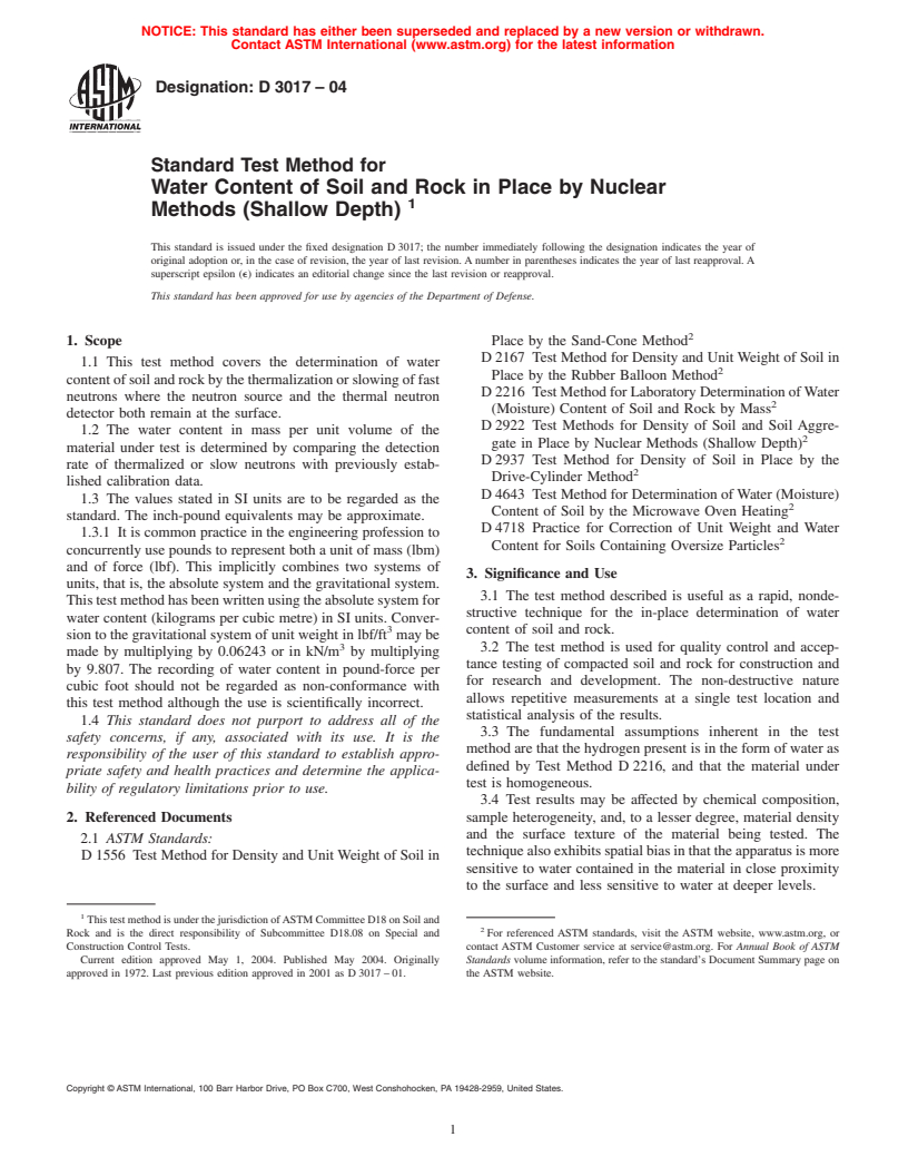 ASTM D3017-04 - Standard Test Method for Water Content of Soil and Rock in Place by Nuclear Methods (Shallow Depth)