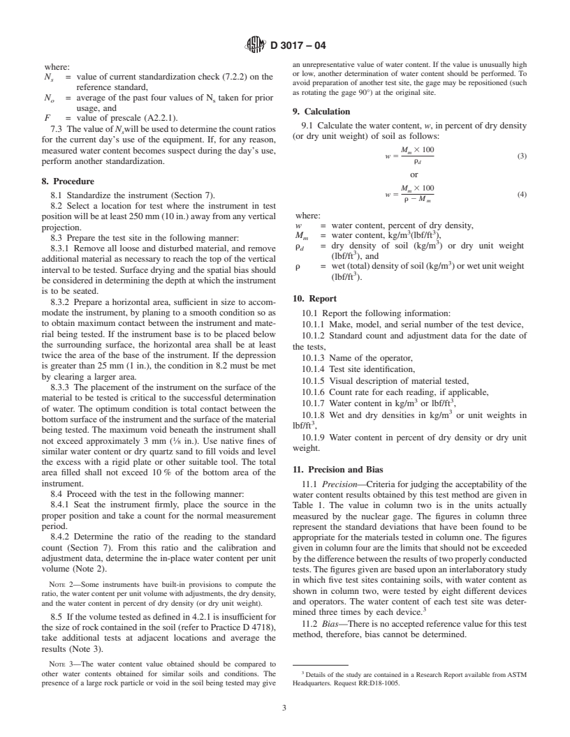 ASTM D3017-04 - Standard Test Method for Water Content of Soil and Rock in Place by Nuclear Methods (Shallow Depth)