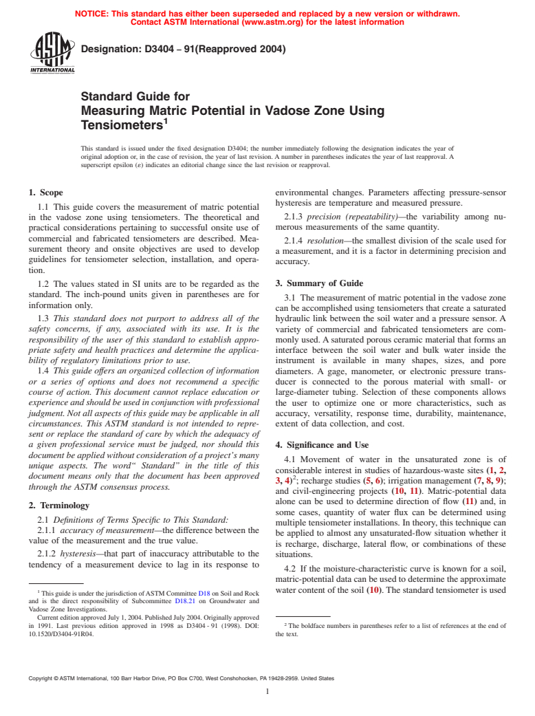 ASTM D3404-91(2004) - Standard Guide for Measuring Matric Potential in Vadose Zone Using Tensiometers