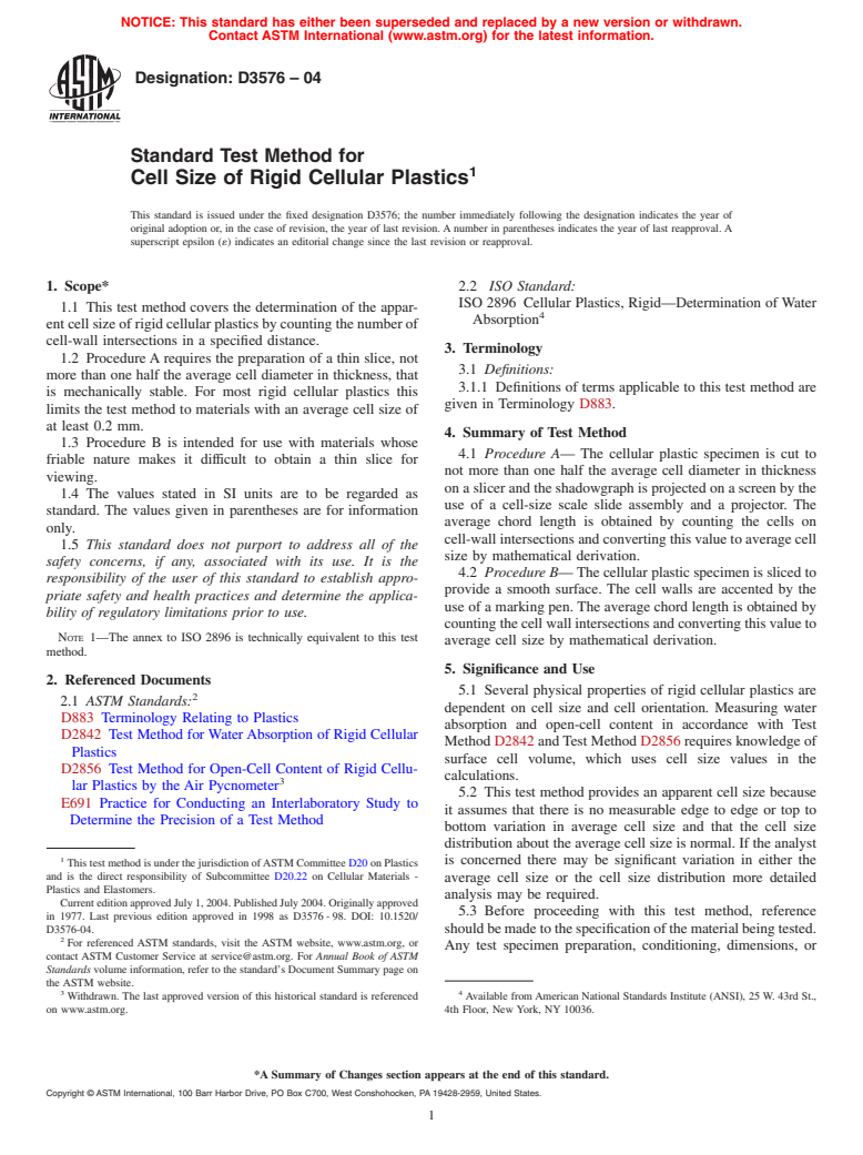 ASTM D3576-04 - Standard Test Method for Cell Size of Rigid Cellular Plastics