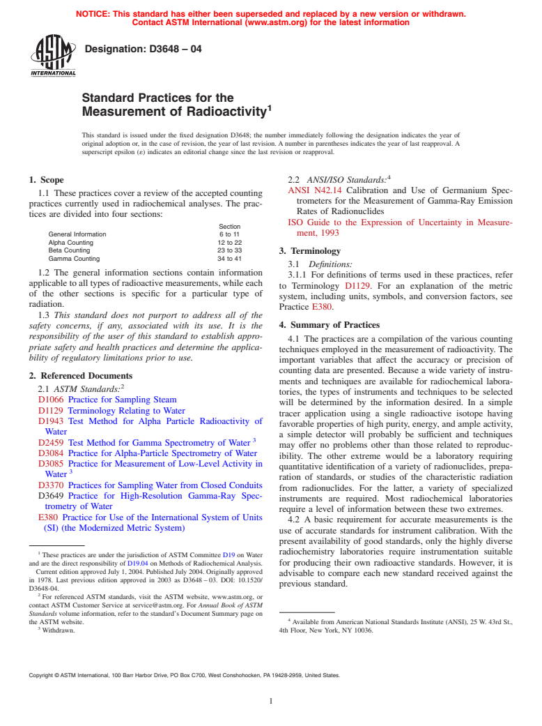 ASTM D3648-04 - Standard Practices for the Measurement of Radioactivity