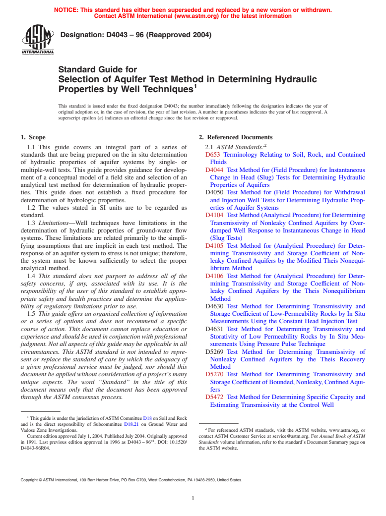 ASTM D4043-96(2004) - Standard Guide for Selection of Aquifer Test Method in Determining Hydraulic Properties by Well Techniques