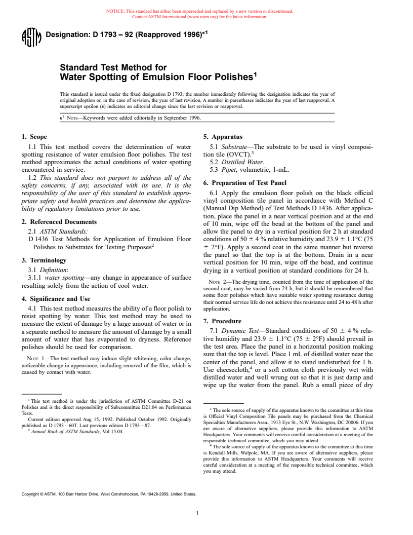 ASTM D1793-92(1996)e1 - Standard Test Method for Water Spotting of Emulsion Floor Polishes