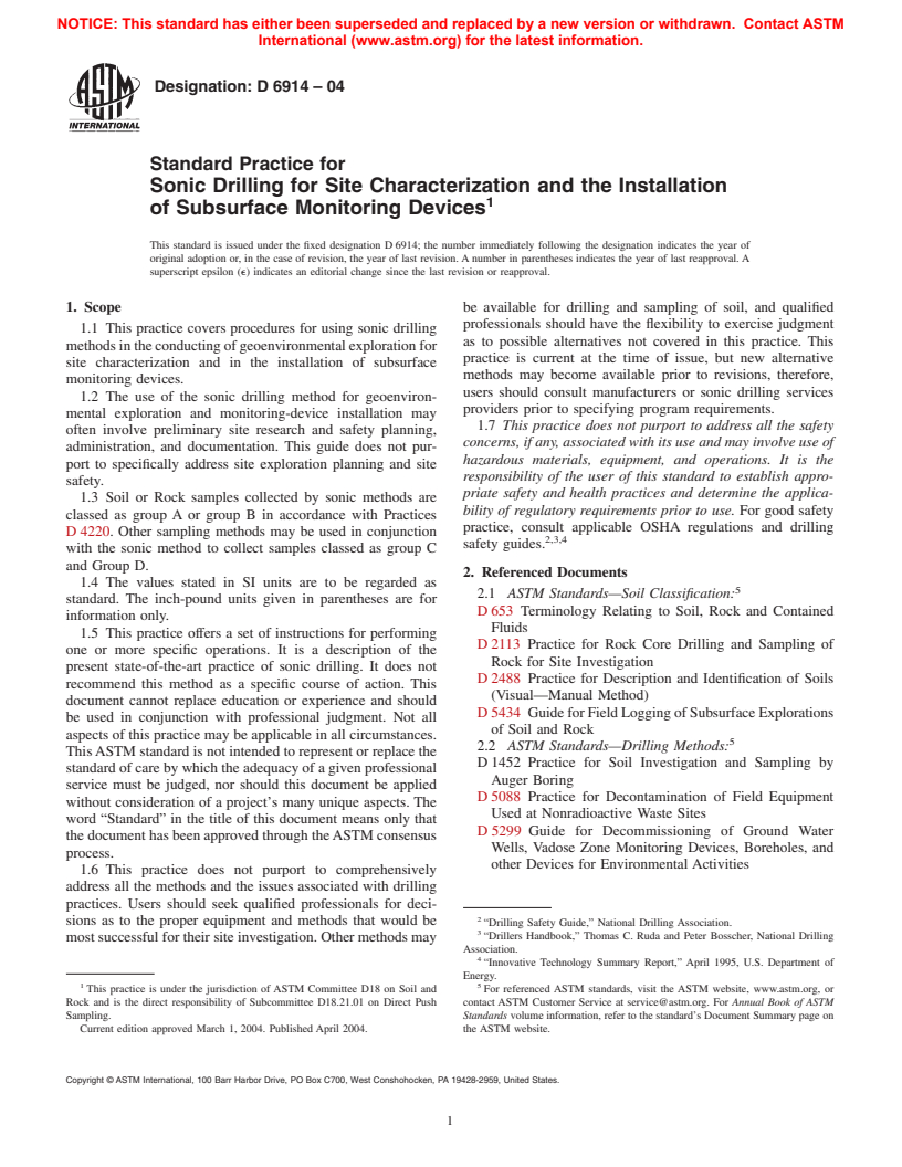 ASTM D6914-04 - Standard Practice for Sonic Drilling for Site Characterization and the Installation of Subsurface Monitoring Devices