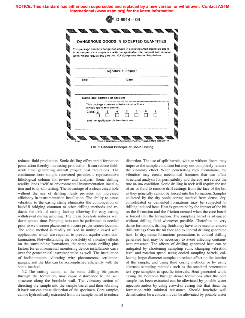 ASTM D6914-04 - Standard Practice for Sonic Drilling for Site Characterization and the Installation of Subsurface Monitoring Devices