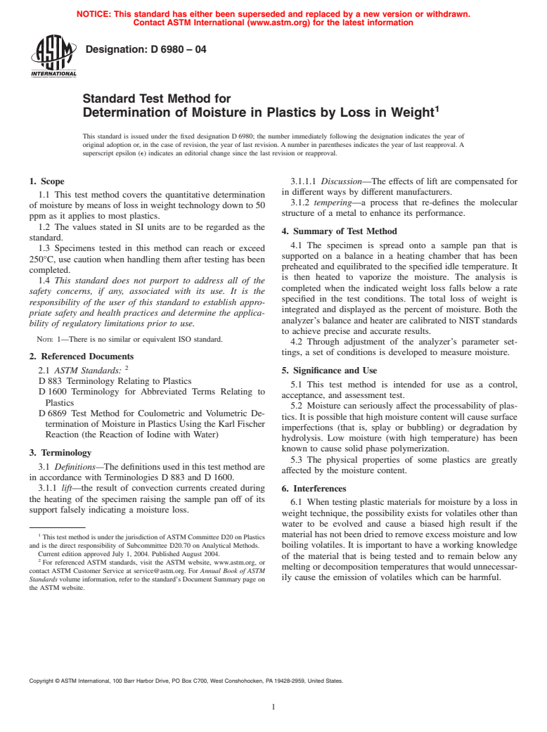 ASTM D6980-04 - Test Method for Determination of Moisture in Plastics by Loss in Weight