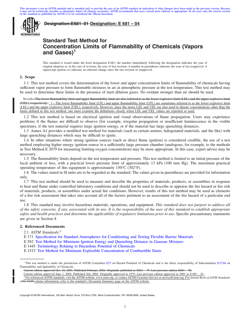 REDLINE ASTM E681-04 - Standard Test Method for Concentration Limits of Flammability of Chemicals (Vapors and Gases)