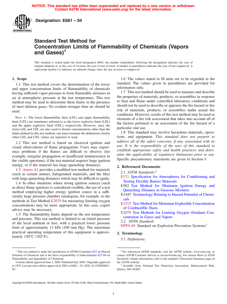 ASTM E681-04 - Standard Test Method for Concentration Limits of Flammability of Chemicals (Vapors and Gases)