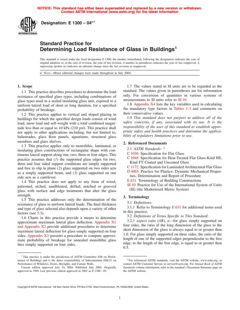ASTM E1300-04e1 - Standard Practice for Determining Load Resistance of Glass in Buildings