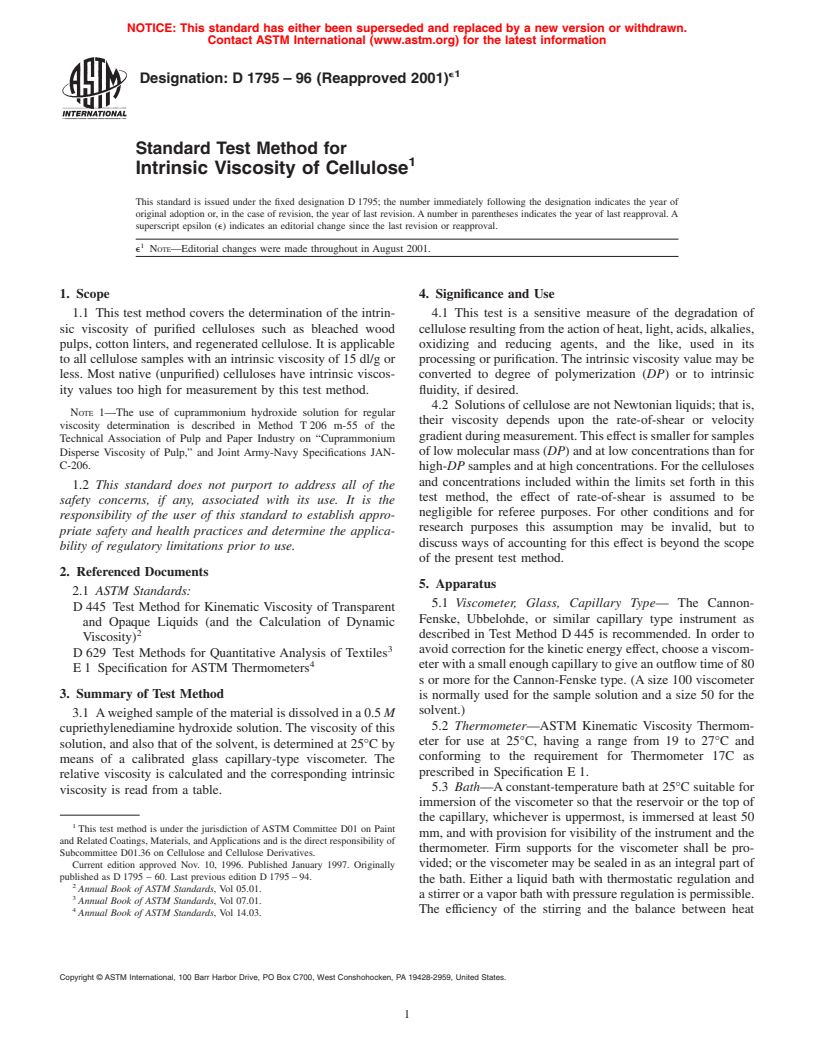 ASTM D1795-96(2001)e1 - Standard Test Method for Intrinsic Viscosity of Cellulose