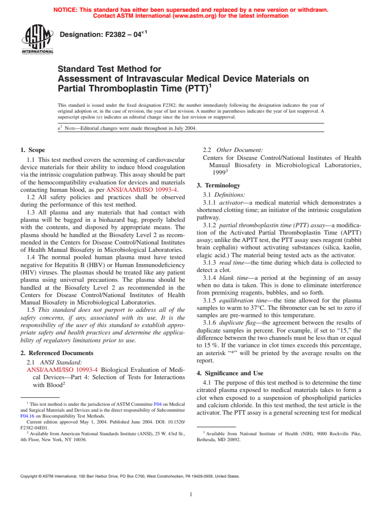 ASTM F2382-04e1 - Standard Test Method for Assessment of Intravascular Medical Device Materials on Partial Thromboplastin Time (PTT)