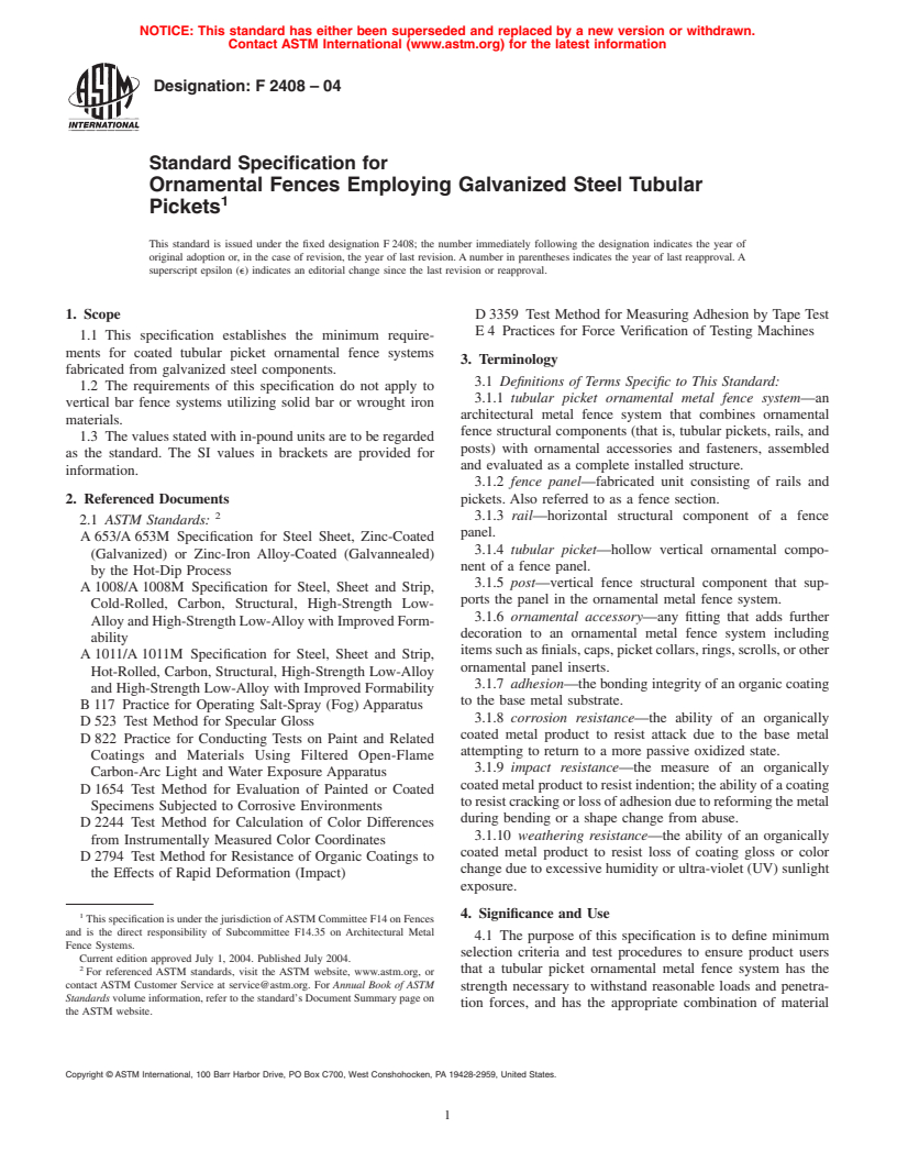 ASTM F2408-04 - Standard Specification for Ornamental Fences Employing Galvanized Steel Tubular