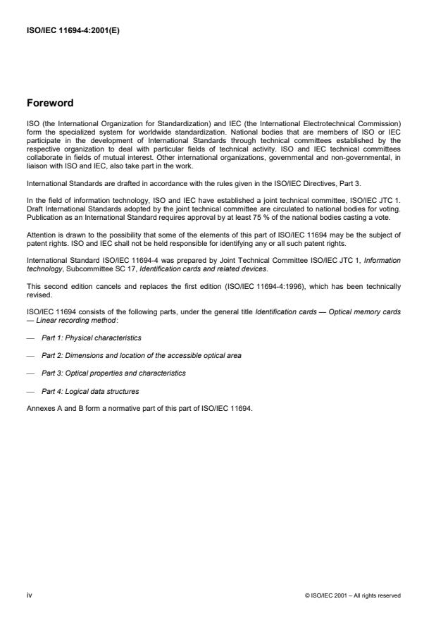 ISO/IEC 11694-4:2001 ISO/IEC 11694-4:2001 - Identification cards -- Optical memory cards -- Linear recording method - Page 4 preview