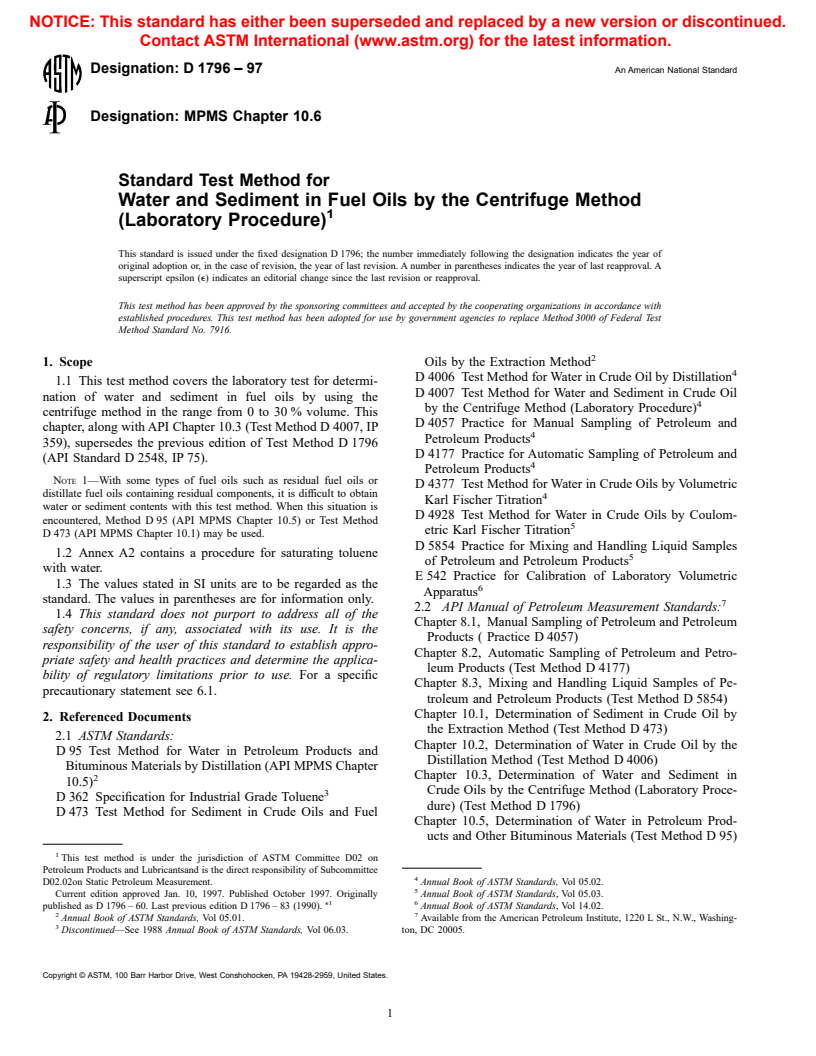 ASTM D1796-97 - Standard Test Method for Water and Sediment in Fuel Oils by the Centrifuge Method (Laboratory Procedure)