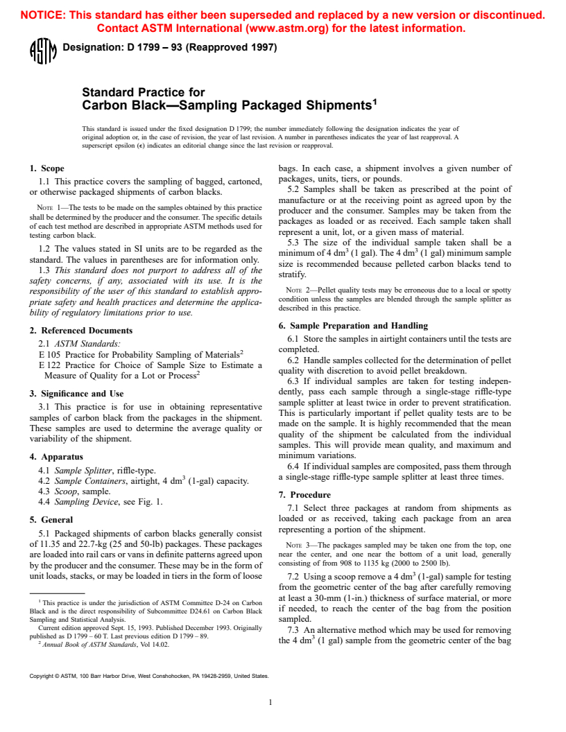 ASTM D1799-93(1997) - Standard Practice for Carbon Black-Sampling Packaged Shipments