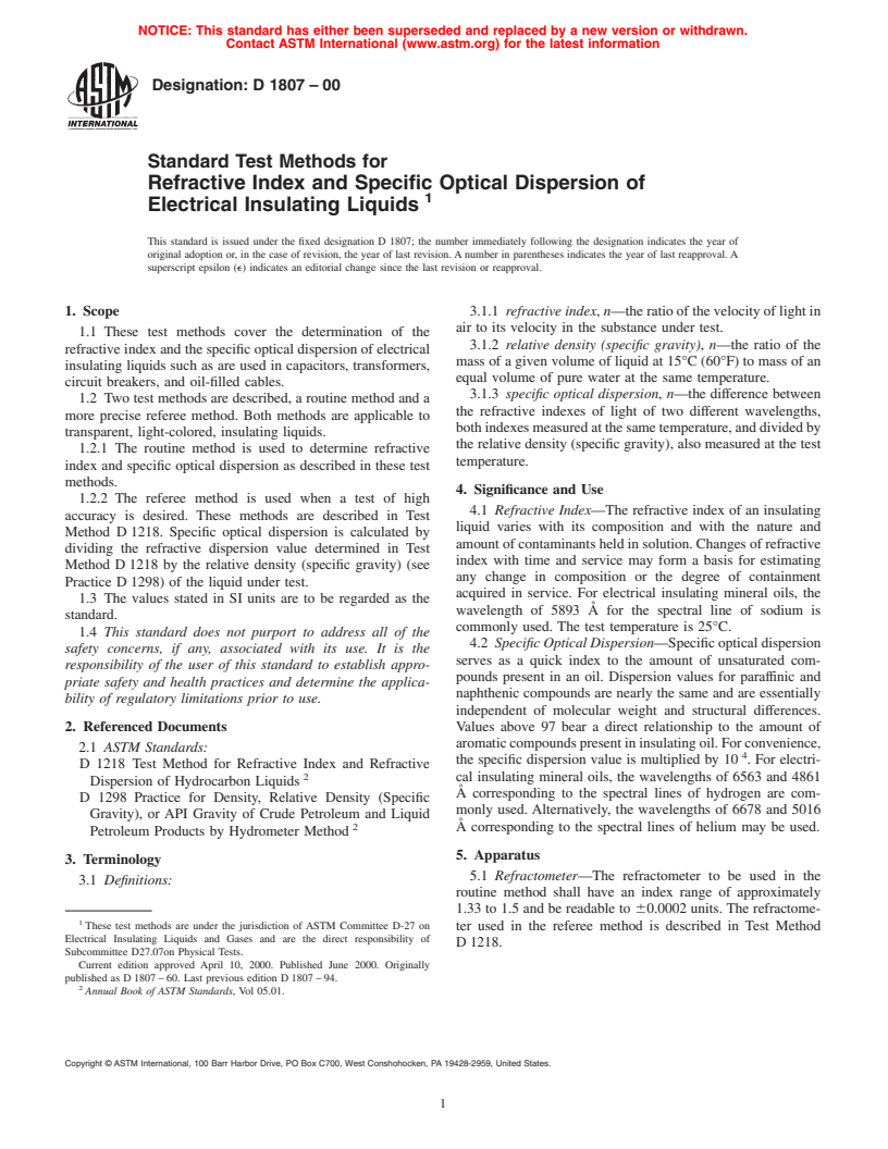 ASTM D1807-00 - Standard Test Methods for Refractive Index and Specific Optical Dispersion of Electrical Insulating Liquids