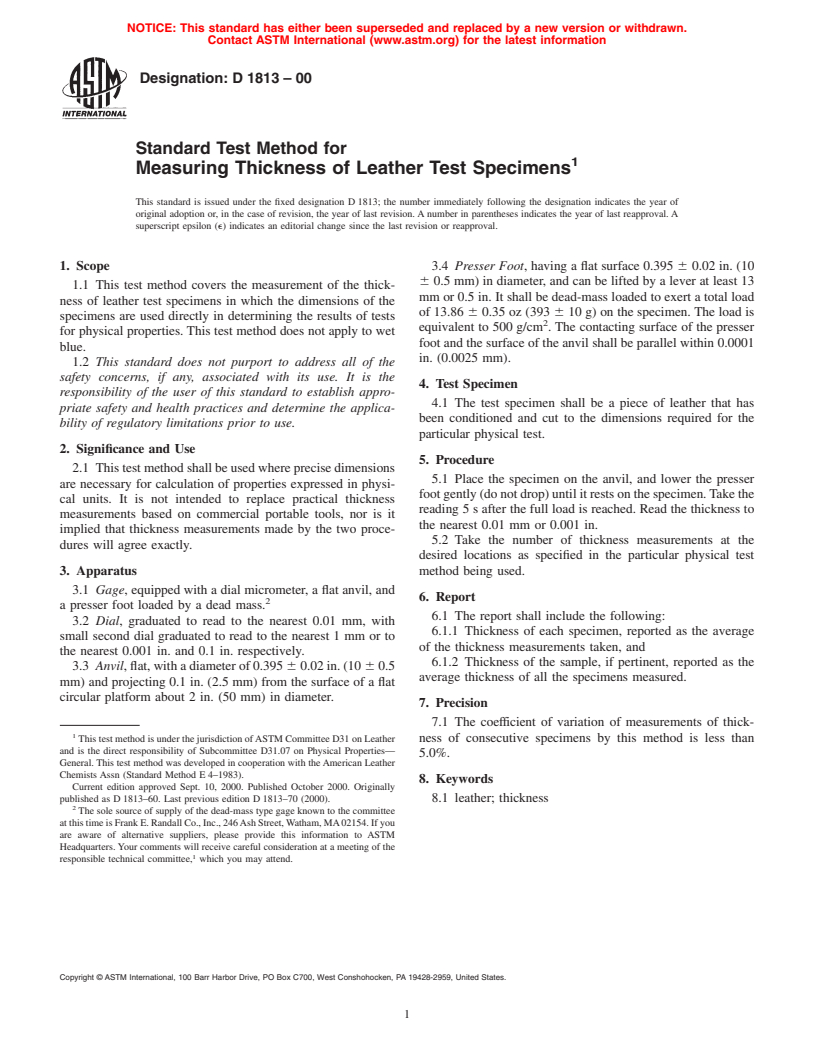 ASTM D1813-00 - Standard Test Method for Measuring Thickness of Leather Test Specimens