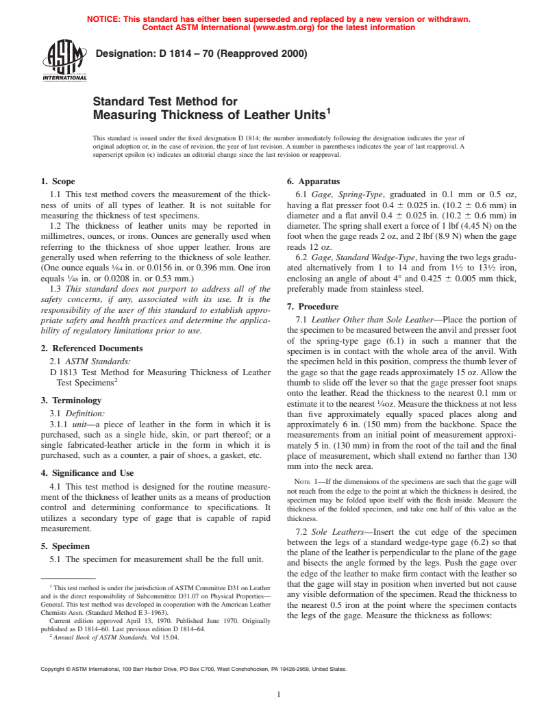 ASTM D1814-70(2000) - Standard Test Method for Measuring Thickness of Leather Units