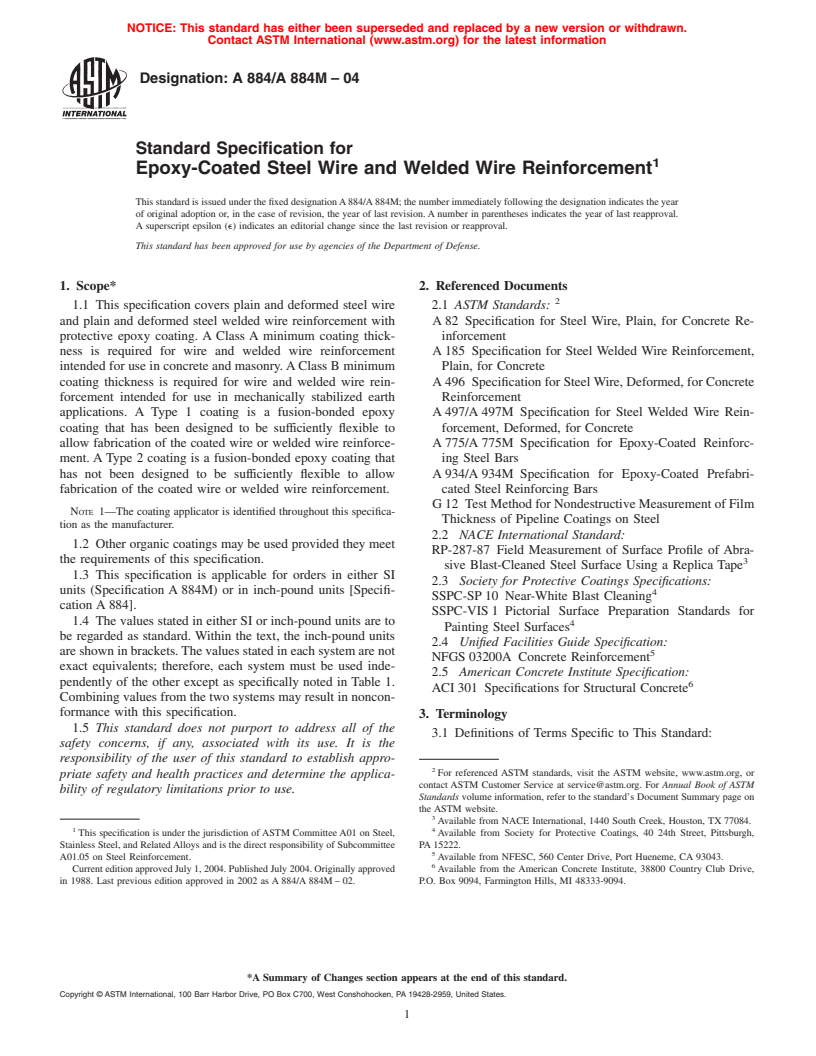 ASTM A884/A884M-04 - Standard Specification for Epoxy-Coated Steel Wire and Welded Wire Reinforcement