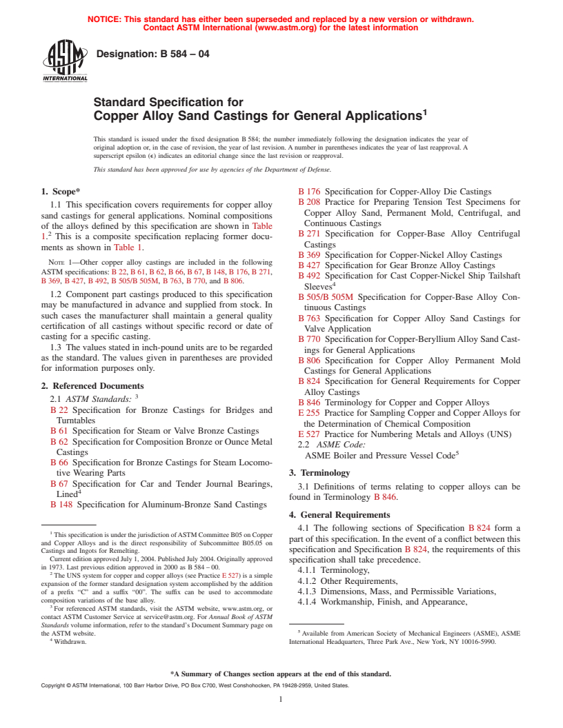 ASTM B584-04 - Standard Specification for Copper Alloy Sand Castings for General Applications